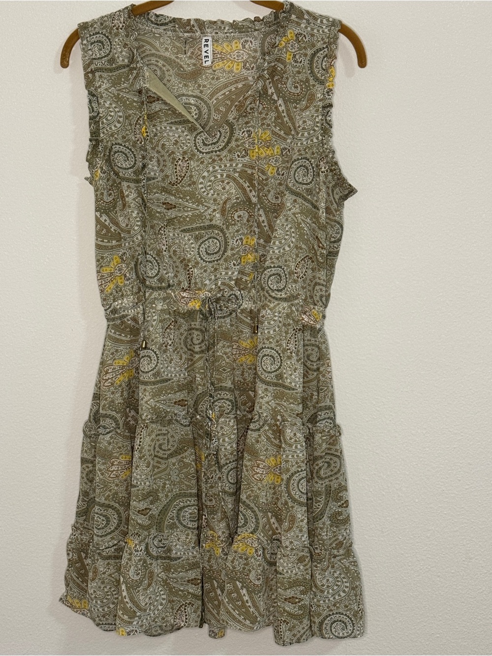 Revel Olive Paisley Mini Dress with Yellow Accents